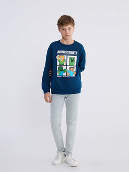 Bisiklet Yaka Minecraft Bask?l? Erkek ?ocuk Sweatshirt