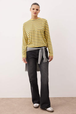 Ack Sar?-Antrasit Cizgili Regular/Normal Kal?p Basic Bisiklet Yaka Orme T-Shirt TWOAW23TS00002