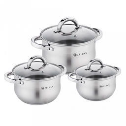 "Zeidan" Набор кастрюль из нержавеющей стали 3 штуки: 2,1л д16см, 3,0л д18см, 4,0л д20см, стеклянные крышки, 5-и слойное капсулированное дно, внутренняя - матовая полировка, снаружи - комбинированная полировка, подарочная коробка (Китай) Подходит дл