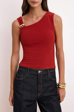 Kiremit Fitted/Vucuda Oturan Asimetrik Yaka Aksesuar Detayl? Esnek Orme Bluz TWOSS26BZ00187