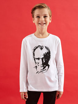 Bisiklet Yaka Atat?rk Bask?l? Uzun Kollu Erkek ?ocuk Ti??rt