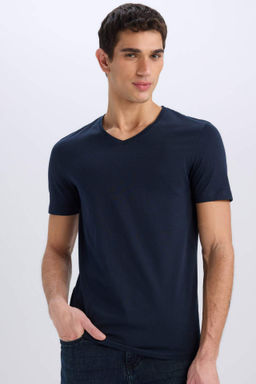 Slim Fit Dar Kesim V Yaka Basic Duz K?sa Kollu Tisort - Defacto фото 6
