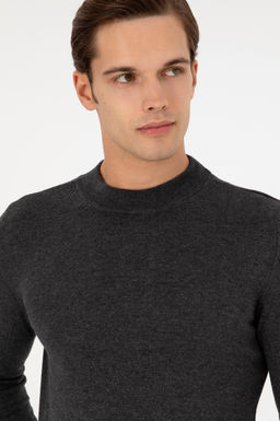 Erkek Slim Fit _eyrek Bal_k__ Yaka Antrasit Melanj Basic Triko Kazak