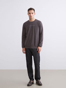 Bisiklet Yaka Bask?l? Erkek Kal?n Sweatshirt