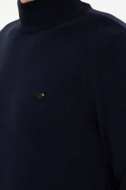 Erkek Slim Fit Yar_m Bal_k__ Yaka Lacivert Basic Kazak