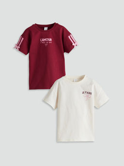 Bisiklet Yaka Bask?l? K?z ?ocuk Ti??rt 2li