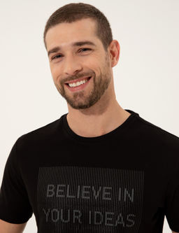 Siyah Slim Fit Bask_l_ Bisiklet Yaka Ti__rt