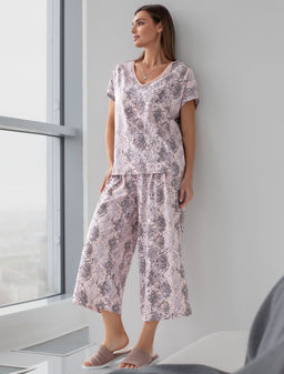 Брюки Vilatte кюлоты укороченные широкие на резинке из хлопка с принтом кофейные фото 5