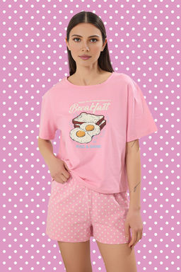 Pembe %100 Pamuklu Eglence Bask?l? Puantiyeli Sortlu Orme Pijama Tak?m? THMSS25PT00361