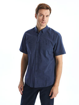 Regular Fit K?sa Kollu Keten G?r?n?ml? Erkek G?mlek