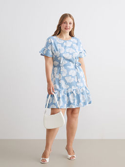 Bisiklet yaka ?i?ekli F?rf?rl? Jean Elbise