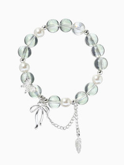 Браслет с подвесками "Сахарный" перо, бант, шар №10/8, цвет серый радужный в серебре