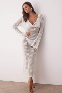 Ekru Triko Maxi Derin V Yaka Plaj Elbisesi TBESS25EL00151