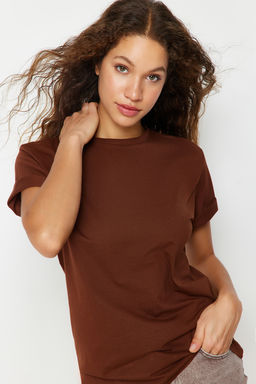 Kahverengi %100 Pamuk Bisiklet Yaka Oversize/Genis Kal?p Orme T-Shirt TWOSS20TS0134