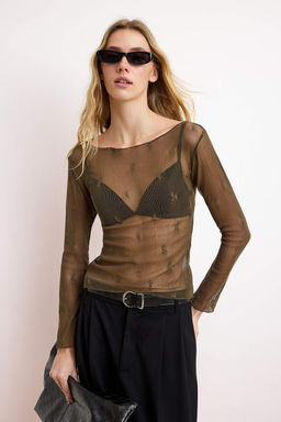 Haki Fitted/Vucuda Oturan Kal?p Uzun Kollu %100 Pamuk Dokulu Orme Bluz TWOSS26BZ00520