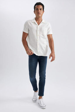 Хлопковая рубашка обычного кроя с открытым воротником и короткими рукавами - Defacto фото 2