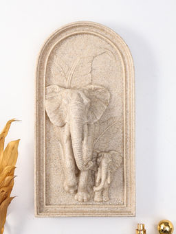Панно интерьерное полистоун "Слон со слонёнком в джунглях" песочный 19,2х7,4х37,2 см