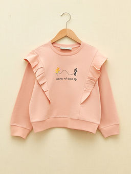 Bisiklet Yaka Bask?l? Uzun Kollu K?z ?ocuk Sweatshirt