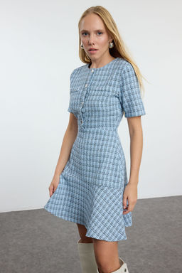 Indigo Etegi Belden Ac?lan Bisiklet Yaka Mini Tuvit Dokuma Elbise TWOAW25EL00280