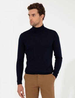 Базовый трикотажный свитер с водолазкой узкого кроя темно-синего цвета - Cacharel фото 4