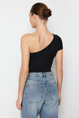 Siyah Fitted/Vucuda Oturan Asimetrik Yaka Tek Kol C?tc?tl? Esnek Orme Body TWOSS24BD00028