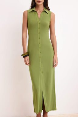 Yesil Duz Bodycon Gomlek Yaka Kolsuz Maxi Esnek Orme Elbise TWOSS26EL00265