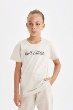 K?z Cocuk Bisiklet Yaka Yaz? Bask?l? K?sa Kollu Okul Tisortu