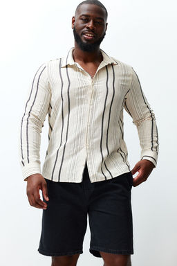 Siyah Regular Fit Cizgili Etamin Buyuk Beden Keten Gorunumlu Gomlek TMNSS24AX00004