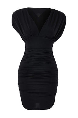 Siyah Bodycon V Yaka Kolsuz Buzgulu Mini Esnek Orme Elbise TWOSS26EL00029