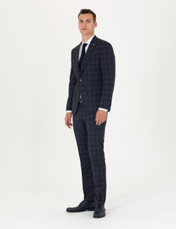 Lacivert Ekose Ekstra Slim Fit Y_n Kar___ml_ Tak_m Elbise