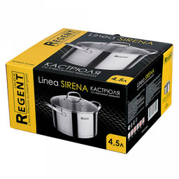 Кастрюля из нержавеющей стали "Sirena" 4,5л, д22см, h12см, s3,6мм, дно s0,6мм, индукционное дно д21,5см, стеклянная крышка, ручка из нержавеющей стали, многослойное капсулированное дно, мерная шкала, цветная коробка, "Regent (Китай)