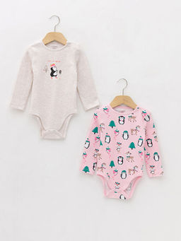 Bisiklet Yaka Uzun Kollu Bask?l? Pamuklu K?z Bebek ??t??tl? Body 2li