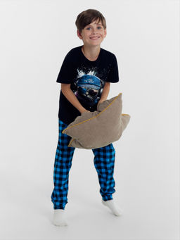 Комплект для мальчиков (футболка, брюки) сине-черный в клетку