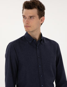 Lacivert Flanel Dokulu Slim Fit Uzun Kollu G_mlek