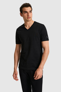 Erkek Regular Fit V Yaka Siyah Basic Ti__rt