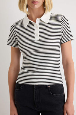 Ekru _izgili Fitted/V_cuda Oturan Polo Yaka Ka_korse _rme Bluz TWOAW27BZ00076