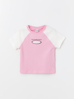 Bisiklet Yaka Bask?l? K?sa Kollu K?z ?ocuk Crop Ti??rt