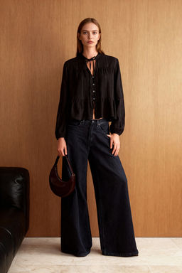 Siyah Pamuklu Dokulu Kolda Dantelli Oversize Boho Dokuma Gomlek TWOSS25GO00038