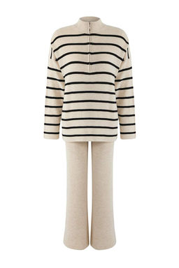 Ekru*001 Genis Kal?p Fermuarl? Cizgili Basic Triko Alt-Ust Tak?m TWOSS24AU00078 - Trendyolmilla фото 5