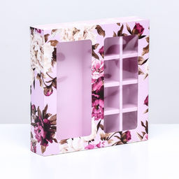 Цена за 5 шт. Коробка для 8 конфет шоколад, с окном, Розы 17.7?17.8?3.8 см Кондитерская упаковка