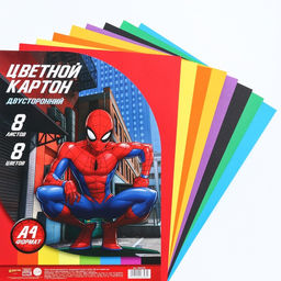 Картон цветной двусторонний А4, тонированный, 8 листов, 8 цветов, 180 г/м2, Человек-Паук