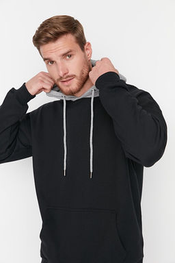 Siyah Oversize/Geni_ Kesim Kap__onlu Yaz_ Bask_l_ __i Polar/S_cak Tutan Sweatshirt TMNAW23SW00023 - Trendyolmilla фото 2