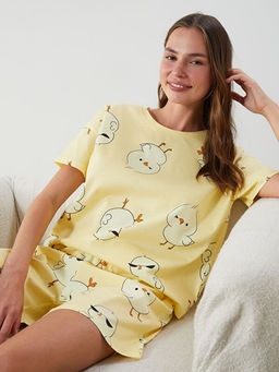 Bisiklet Yaka Bask?l? Kad?n ?ortlu Pijama Tak?m?