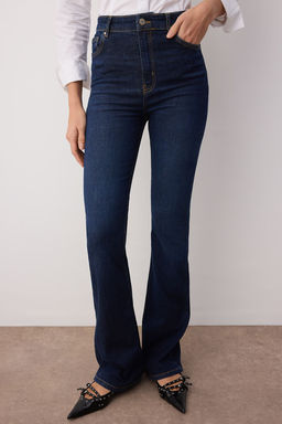 Koyu Mavi Yuksek Bel Flare Jeans TWOSS25JE00052 - Trendyolmilla фото 3