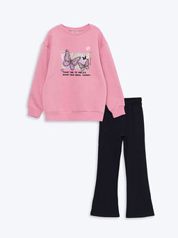 Bisiklet Yaka Bask?l? Uzun Kollu K?z ?ocuk Sweatshirt ve Tayt
