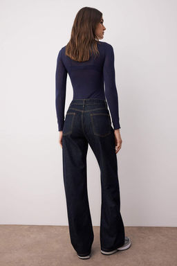 Koyu Mavi Yuksek Bel Wide Leg Jeans TWOAW26JE00007 - Trendyolmilla фото 4