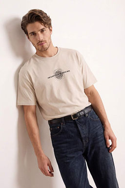 Bej Oversize/Geni_ Kesim Bask_l_ %100 Pamuk T-Shirt TMNSS26TS00053 - Trendyolmilla фото 2