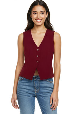 Bordo Fitted Crop Kalpli Dugmeli Dokuma Yelek TWOSS25YE00015