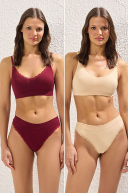 TRENDYOLMILLA Ten-Bordo 2li Paket Seamless/Dikissiz Dantel Detayl? Tanga Orme Kulot THMSS25KU00014