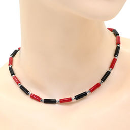 Чокер из коралла и агата черного (имитация) цилиндр 4*13мм, 40см Радуга камня